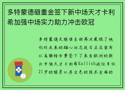 多特蒙德砸重金签下新中场天才卡利希加强中场实力助力冲击欧冠