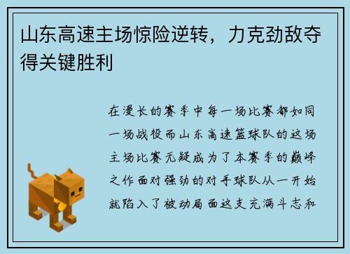 山东高速主场惊险逆转，力克劲敌夺得关键胜利
