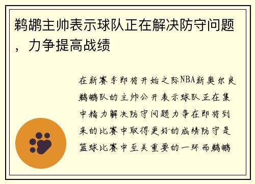 鹈鹕主帅表示球队正在解决防守问题，力争提高战绩
