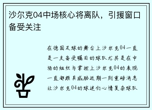 沙尔克04中场核心将离队，引援窗口备受关注
